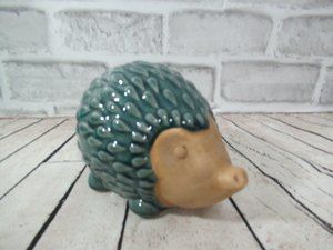 Ceramic teal turquoise green hedgehog figure figurine decor brown pottery face